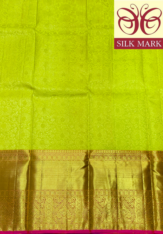 Lemon Yellow Shade Pure Kanchipuram Kids Pattu Pavadai with Contrast Border for age 5 to 10
