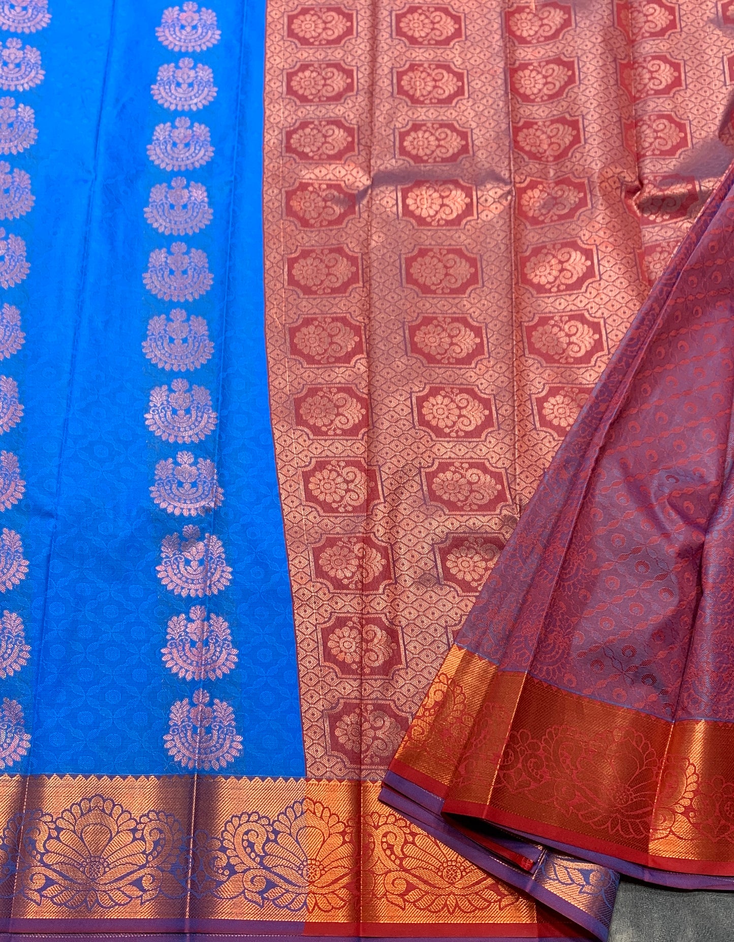 Vegan Silk Saree Royal Blue Colour Saree with Copper and Floral Design