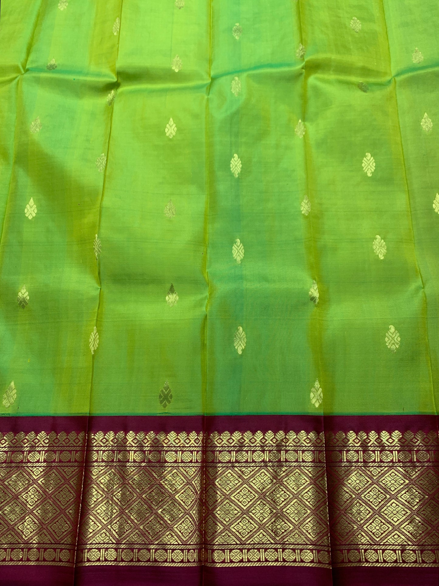 Pure Kanchipuram Silk Saree Olive Green Colour with Maroon and Gold Zari Border