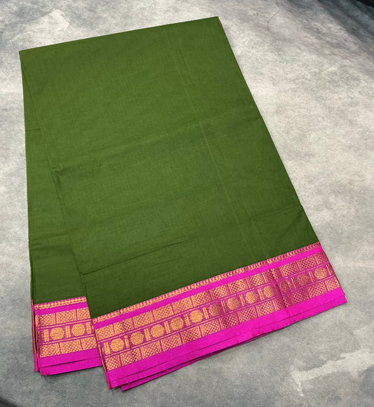 Chettinad Cotton Saree Olive Green Colour with Rani Pink Colour with Zari Work Border