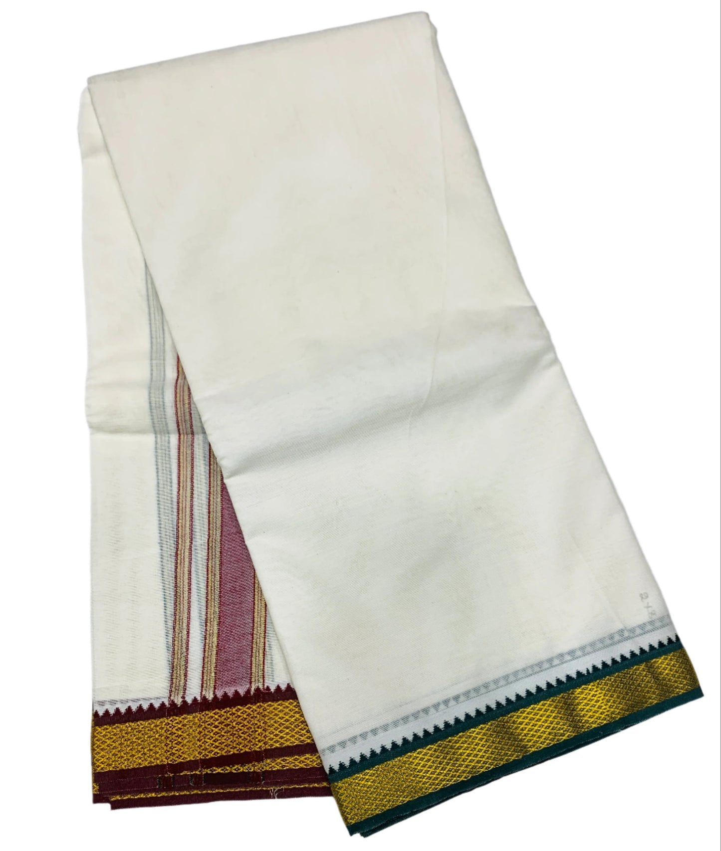 2X8 Cotton Dhoti Cream Colour with Green and Maroon Border