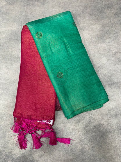 Soft Silk Saree Sapphire Colour and Stone Work with Pink Colour Pallu