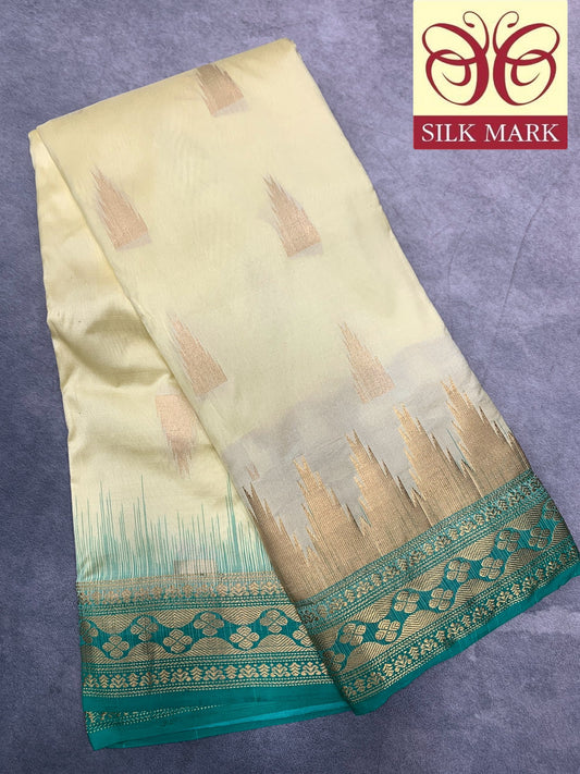 Pure Kanchipuram Silk Ivory Colour Saree with Sapphire Colour Border