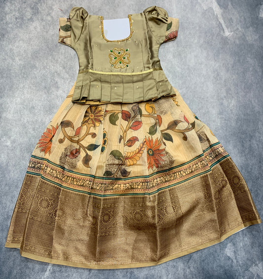 Ready To Wear Sandal Colour Pavadai with Contrast Army Green Colour Blouse