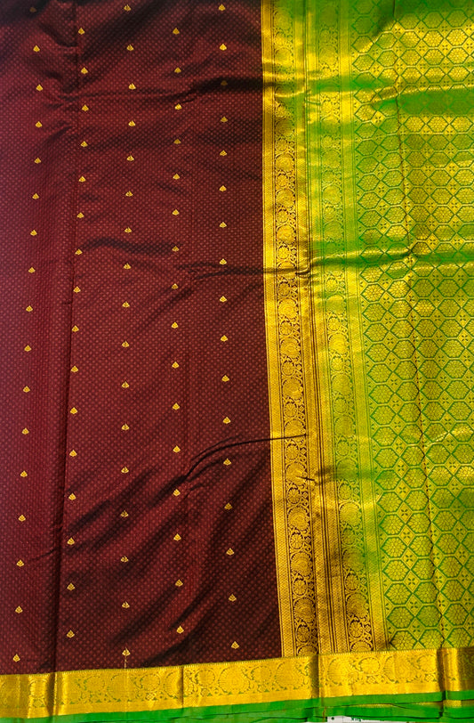 Dark Brown shade Semi Silk Saree with Green Border with Mango and Flower Design