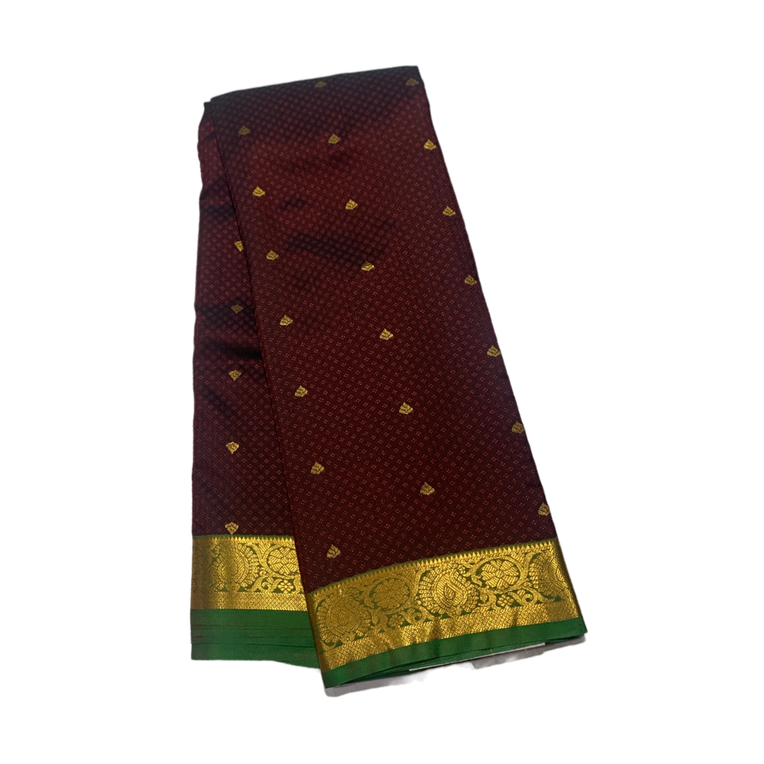 Dark Brown shade Semi Silk Saree with Green Border with Mango and Flower Design