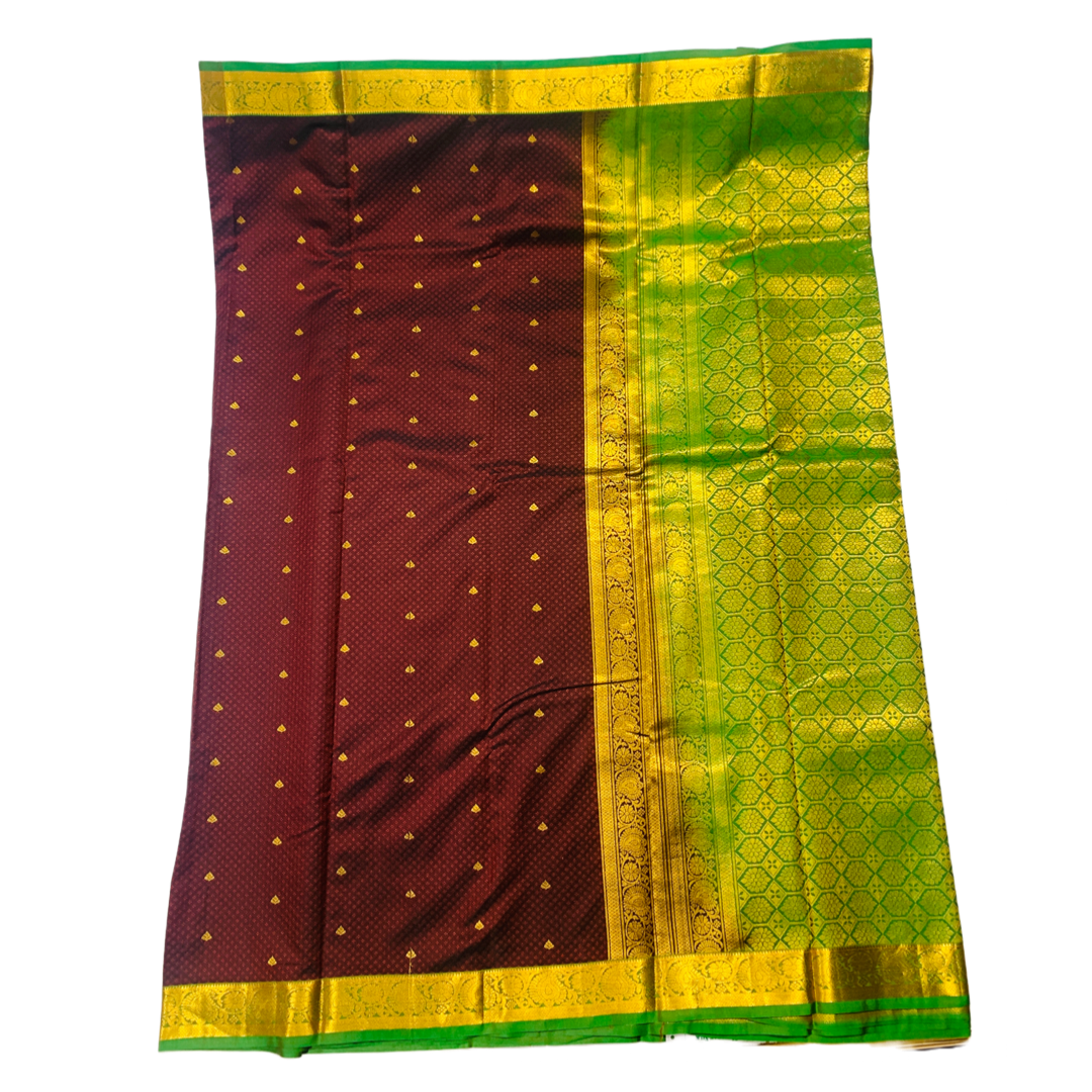 Dark Brown shade Semi Silk Saree with Green Border with Mango and Flower Design