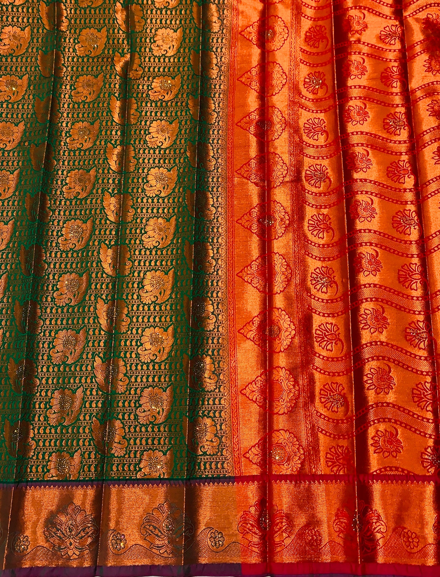 Bridal Vegan Silk Saree Dark Green Colour with Copper Border