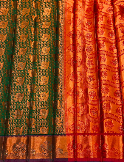 Bridal Vegan Silk Saree Dark Green Colour with Copper Border