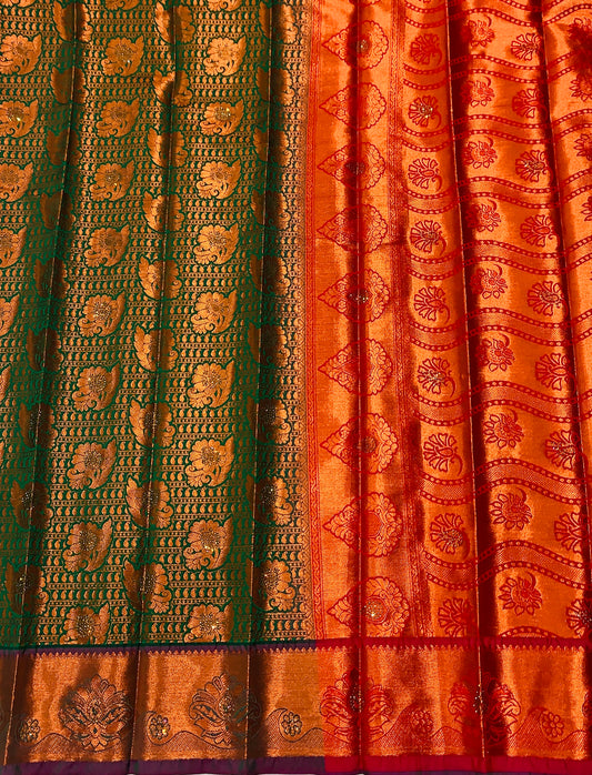 Bridal Vegan Silk Saree Dark Green Colour with Copper Border