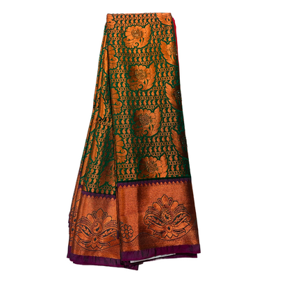 Bridal Vegan Silk Saree Dark Green Colour with Copper Border