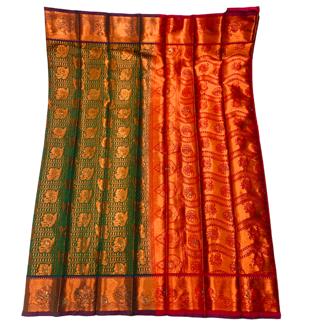 Bridal Vegan Silk Saree Dark Green Colour with Copper Border