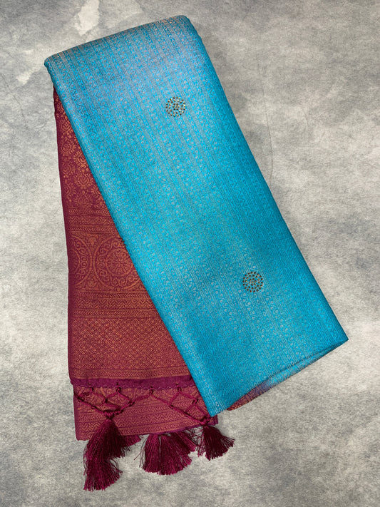 Soft Silk Saree Sky Blue Colour and Stone Work with Magenta Colour Pallu