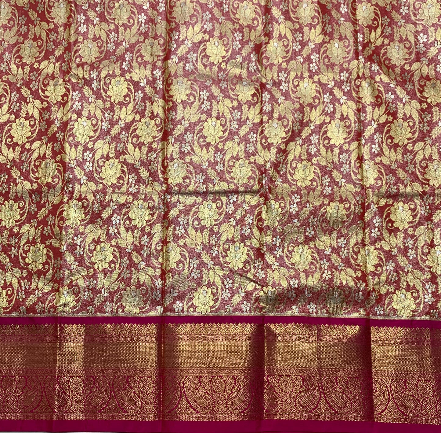 Redish Gold Shade Vegan Silk Kids Pattu Pavadai with Contrast Border for age 2 to 5