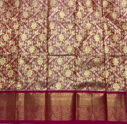 Redish Gold Shade Vegan Silk Kids Pattu Pavadai with Contrast Border for age 2 to 5