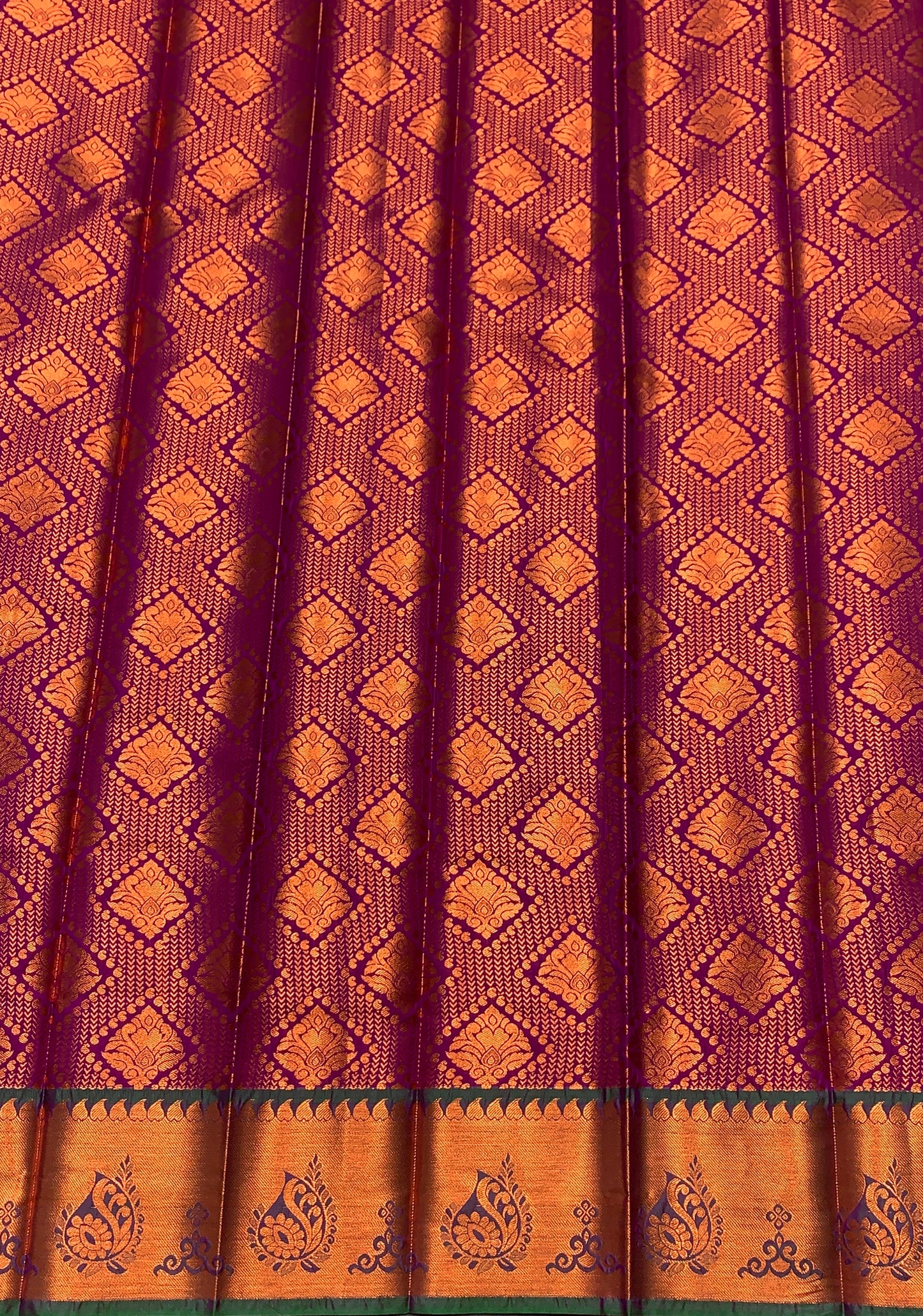 Vegan Silk Saree Magenta Colour with Green and Copper Border