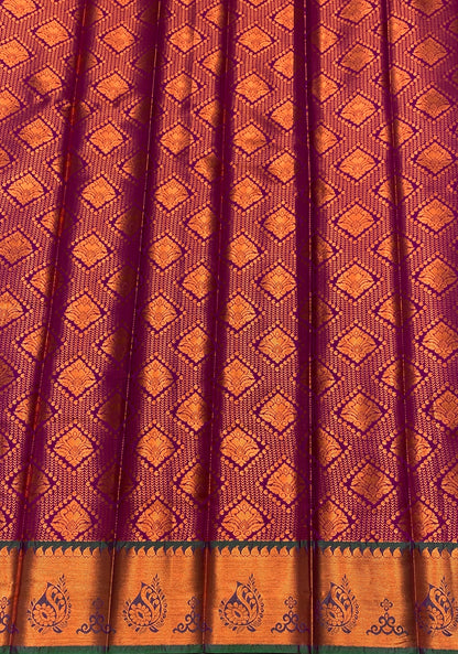 Vegan Silk Saree Magenta Colour with Green and Copper Border