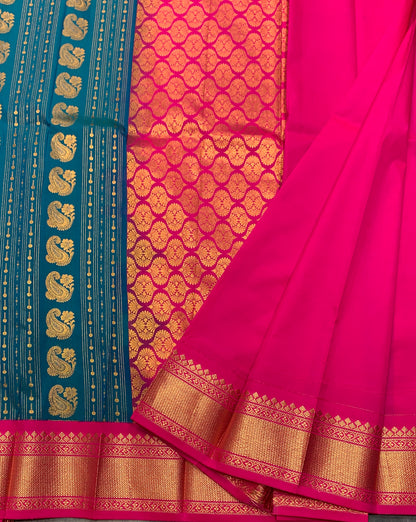 Vegan Silk Saree Peacock Blue Colour Saree with Pink Colour Contrast Border