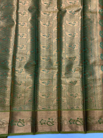 Vegan Silk Saree Rama Green Colour with Copper and Light Green Border