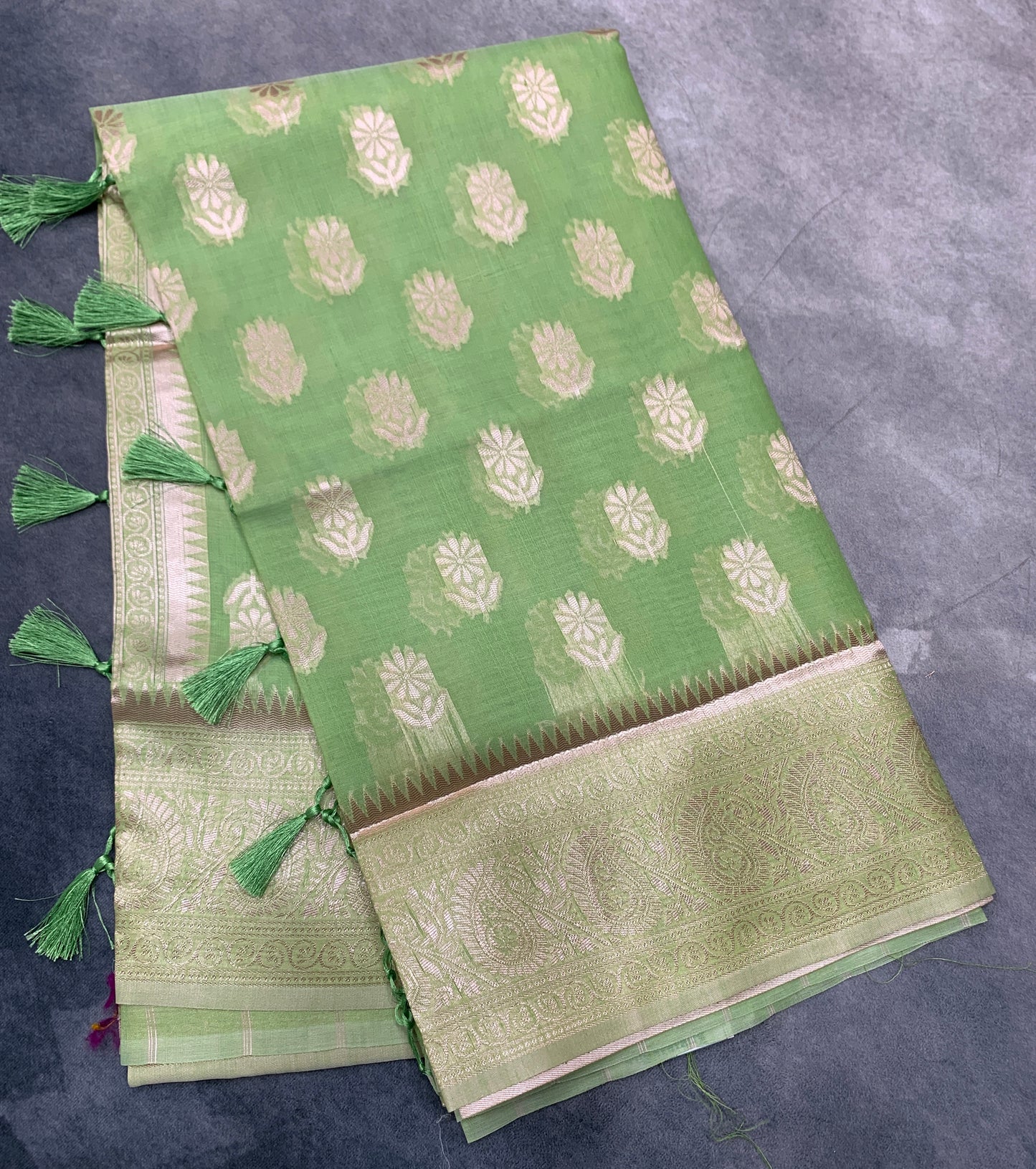 Banaras Katan Saree Light Green Colour with Katan Work Border