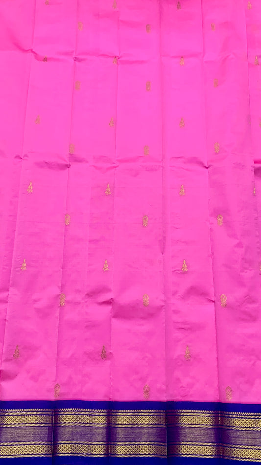 Pure Kanchipuram Silk Saree Baby Pink Colour with Blue and Gold Zari Border