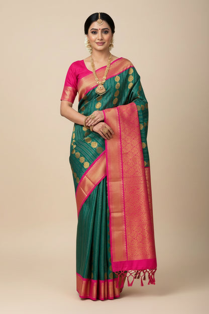 Vegan Silk Saree Teal Green Colour Saree with Pink Colour Contrast Border