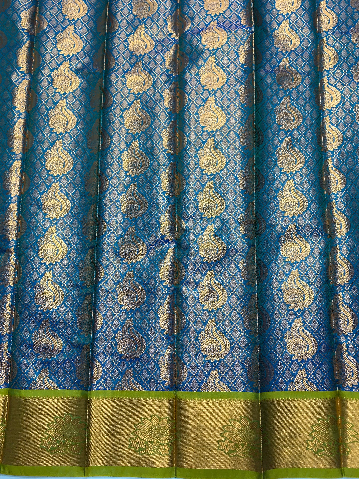 Vegan Silk Saree Rama Blue Colour with Copper and Light Green Border