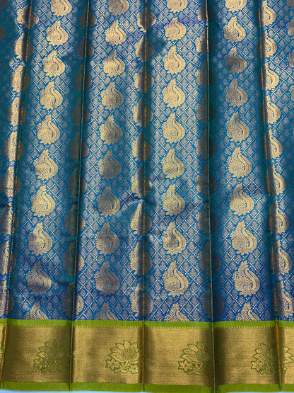 Vegan Silk Saree Rama Blue Colour with Copper and Light Green Border