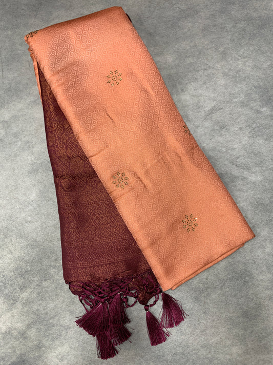Soft Silk Saree Peach Colour and Stone Work with Brown Colour Pallu