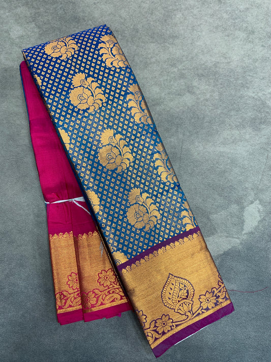 Vegan Silk Saree Sky Blue Colour with Magenta and Copper Border