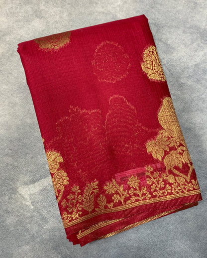 Kora Silk Saree Red Colour with Flower and Birds Design Border