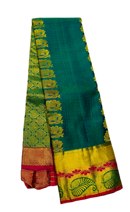 Vegan Silk Saree Green with Golden and Pink Border