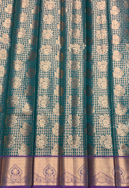 Vegan Silk Saree Green Colour with Pink and Copper Border