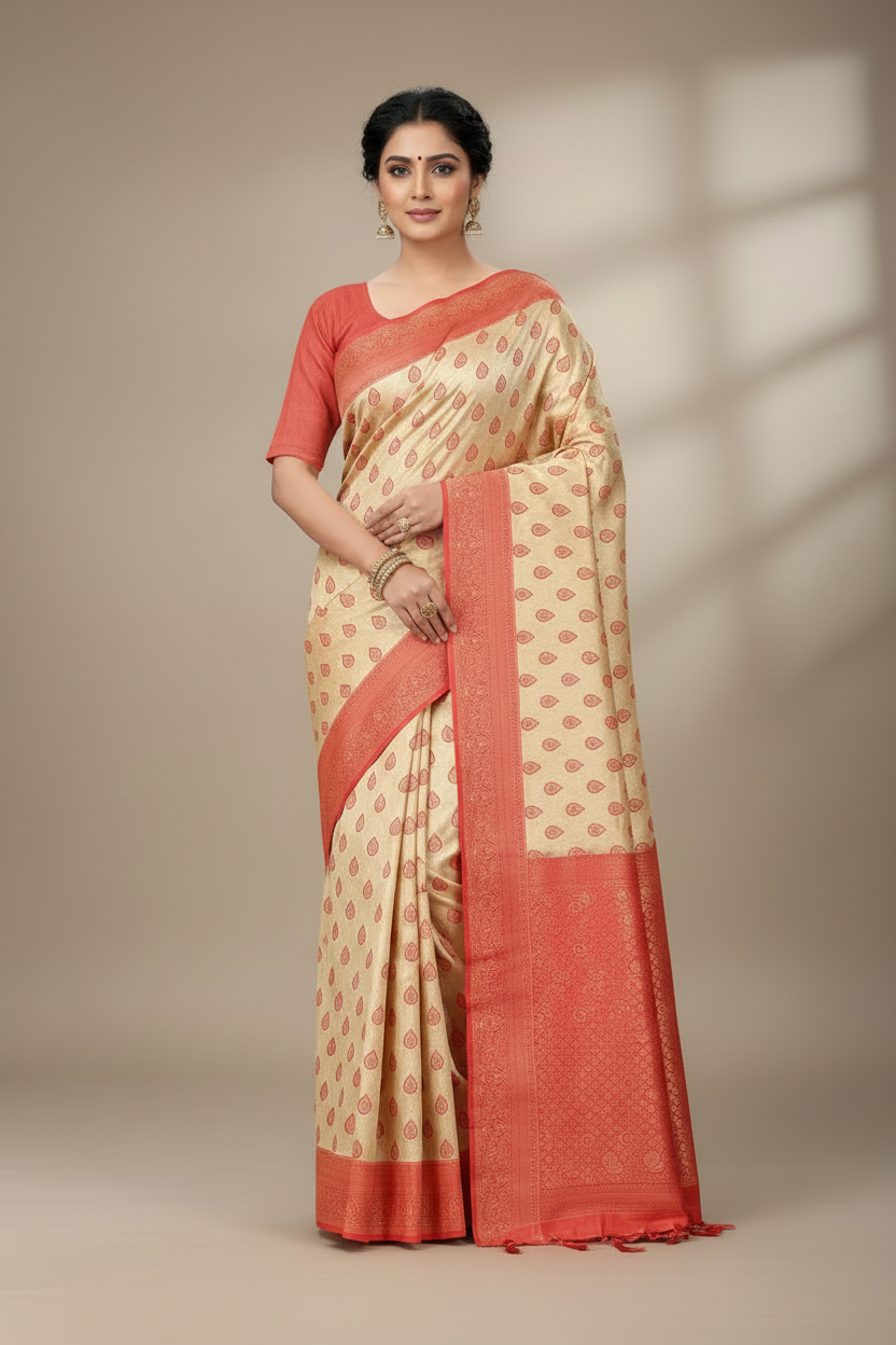 Fancy Tissue Saree Tussar Colour with Red Border