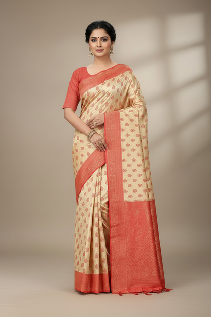 Fancy Tissue Saree Tussar Colour with Red Border