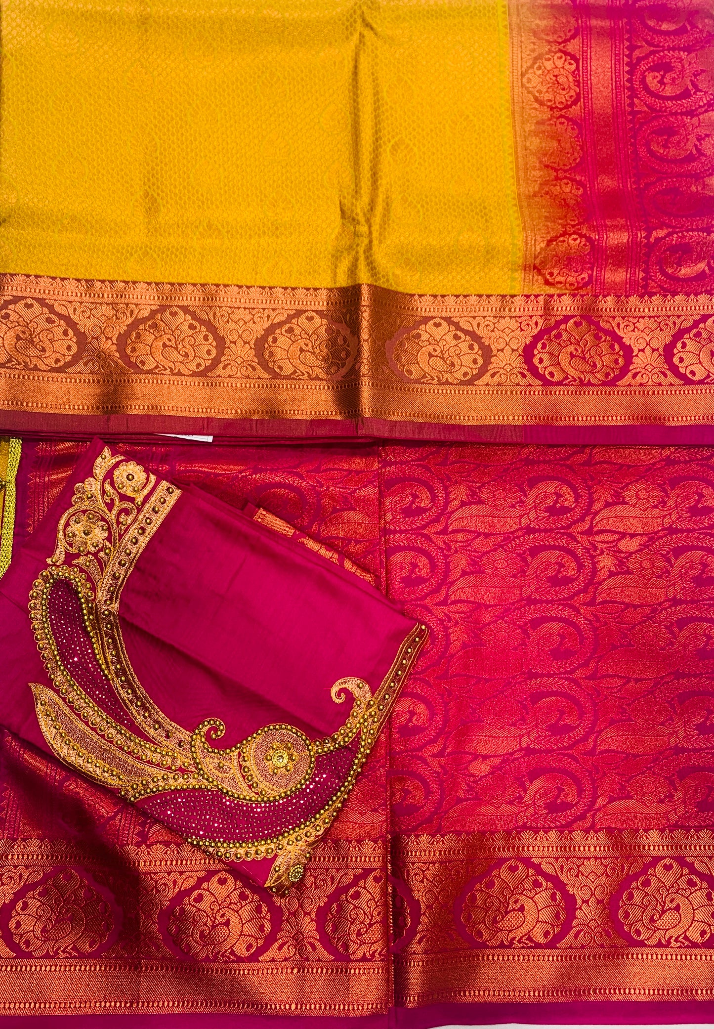 Bridal Vegan Silk Saree Yellow shade with Copper Border with Unstitched blouse in Aari work