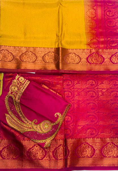 Bridal Vegan Silk Saree Yellow shade with Copper Border with Unstitched blouse in Aari work