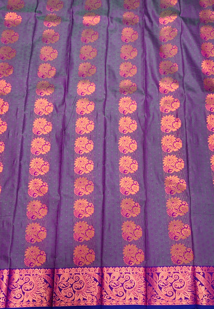 Vegan Silk Saree Purple Colour with Copper and Blue Border