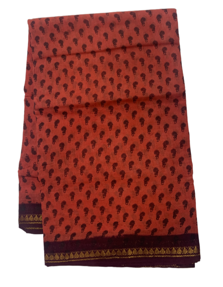 9 yards Cotton Saree Brownish Orange Colour with Brown Border