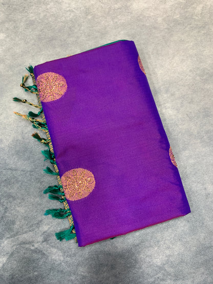 Soft Vegan Silk Saree Violet Colour with Green and Copper Border