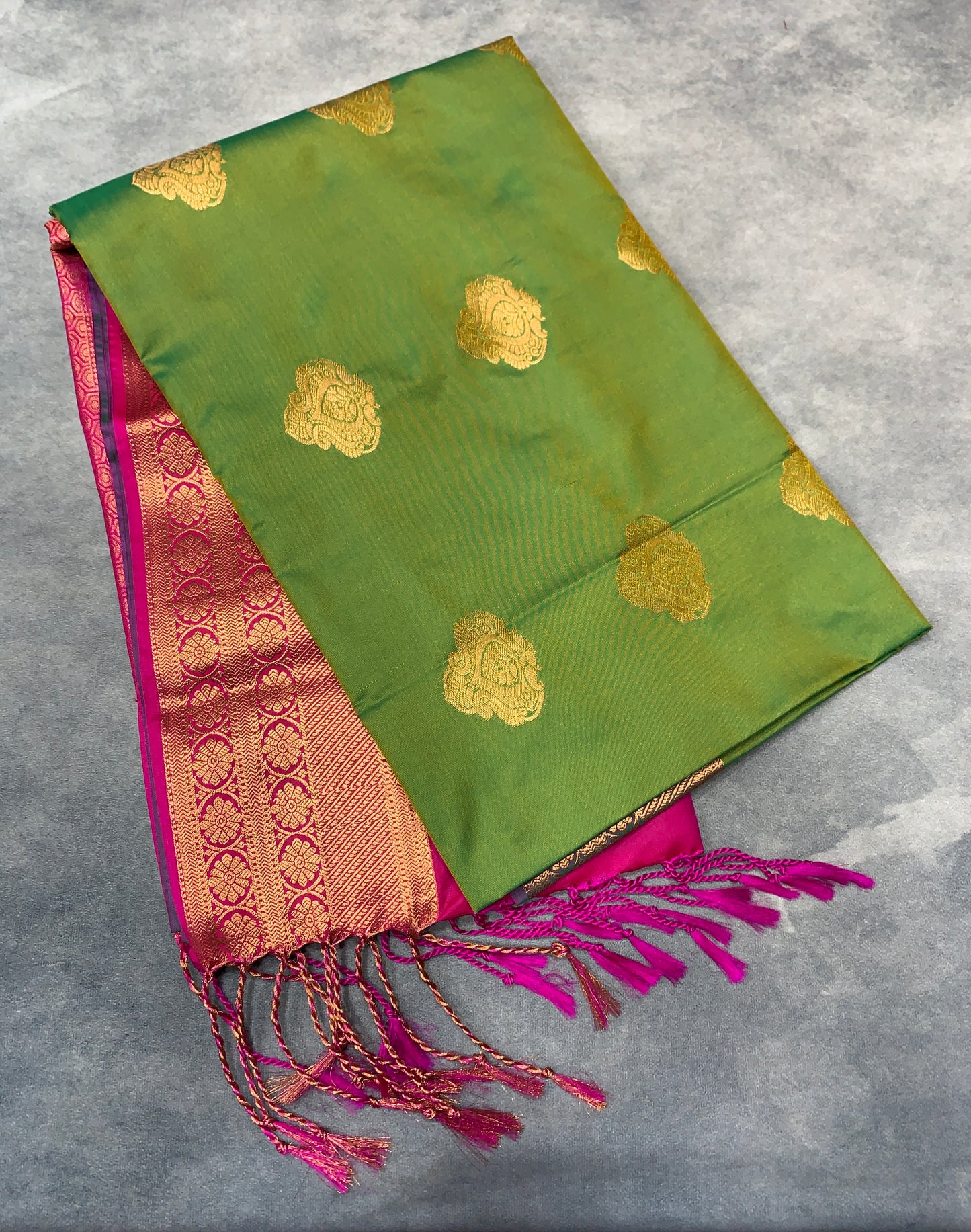 Soft Vegan Silk Saree Light Green Colour with Pink and Copper Border