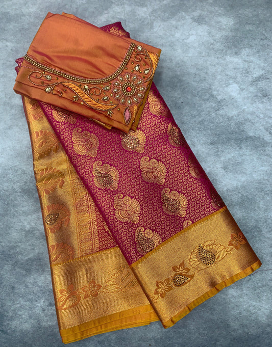 Bridal Vegan Silk Saree Pink shade with Golden Yellow Border with Unstitched blouse in Aari Work