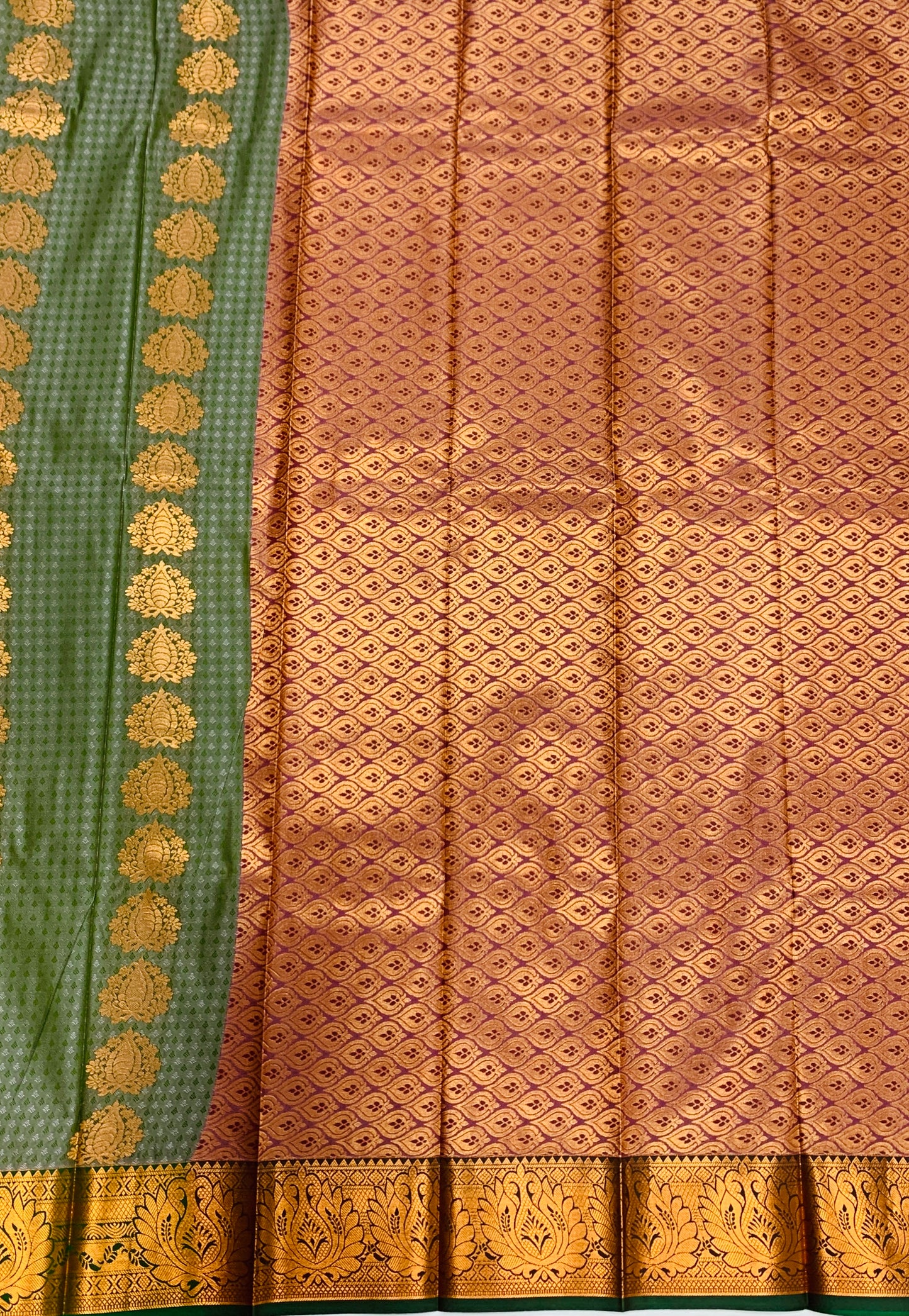 Vegan Silk Saree Olive Green Colour with Copper Border