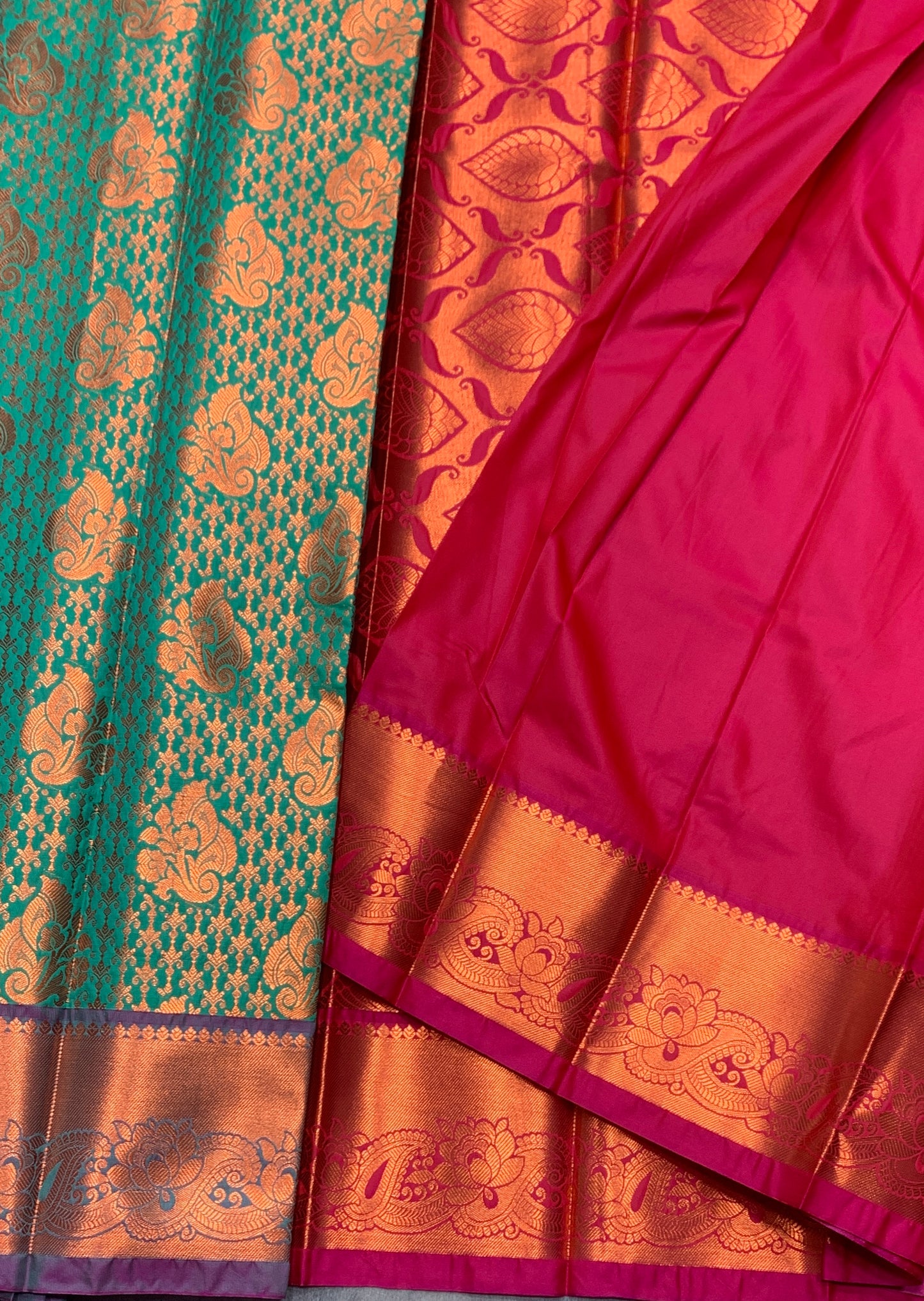 Vegan Silk Saree Light Green Colour with Pink and Copper Border