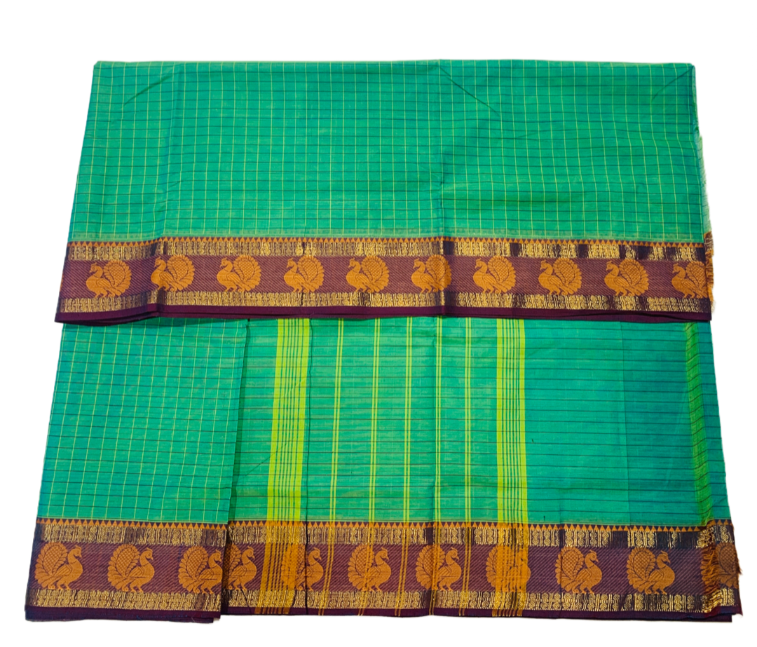 9 yards Cotton Saree Rama Green with Purple Border