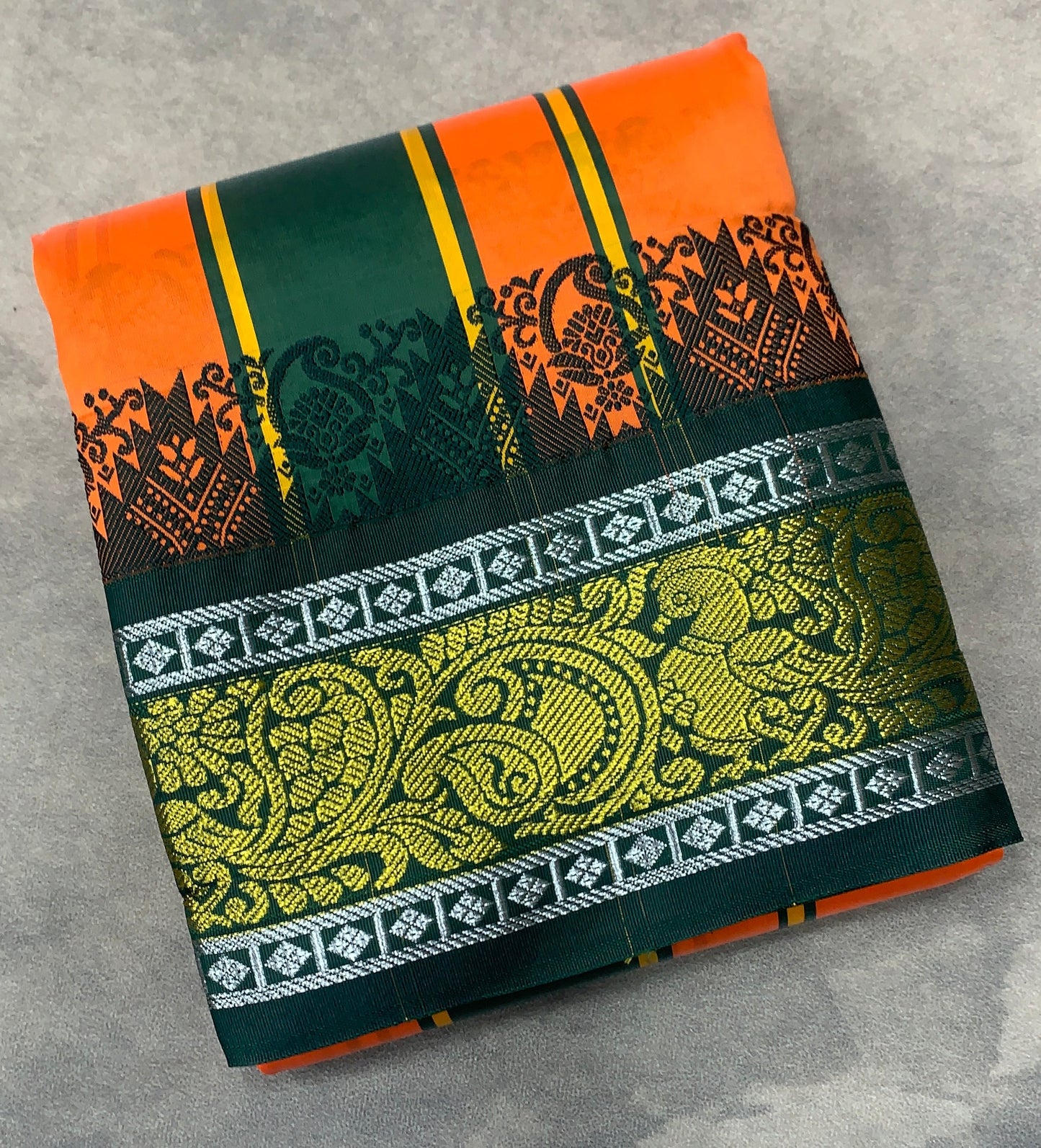 Art Silk Dhothi 9X5 Orange Colour with Green and Maroon Colour Ganga Jamuna Border