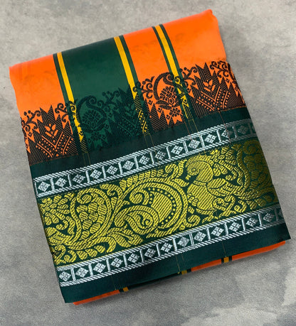 Art Silk Dhothi 9X5 Orange Colour with Green and Maroon Colour Ganga Jamuna Border