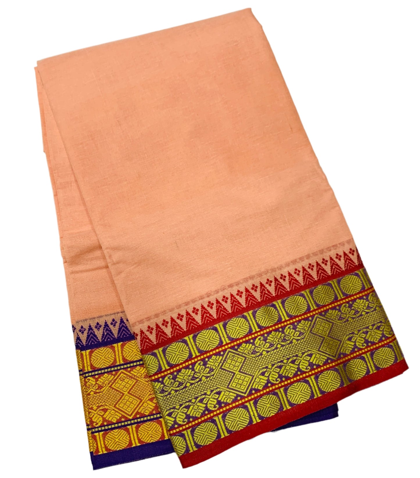 9X5 Cotton Dhoti Peach Colour with Red and Blue Border