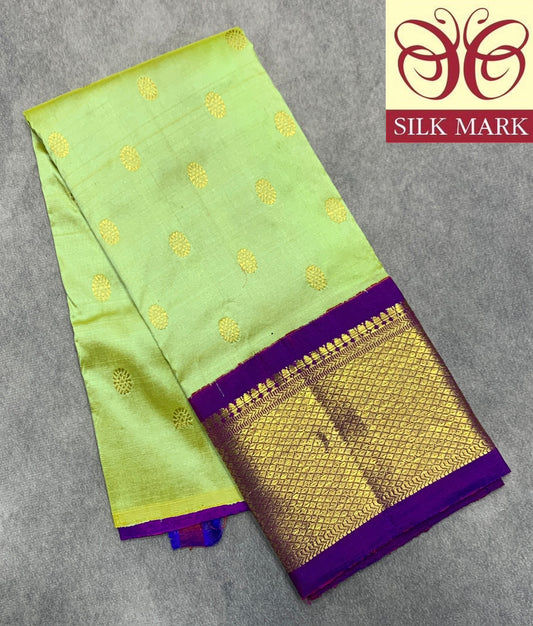 Parrot Green Shade Pure Kanchipuram Kids Pattu Pavadai with Contrast Border for Newborn to 2 Years
