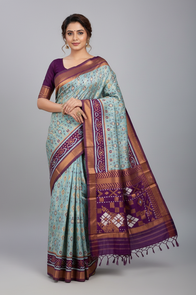 Pochampalli Semi Silk Saree Sky Blue Colour with Magenta Border